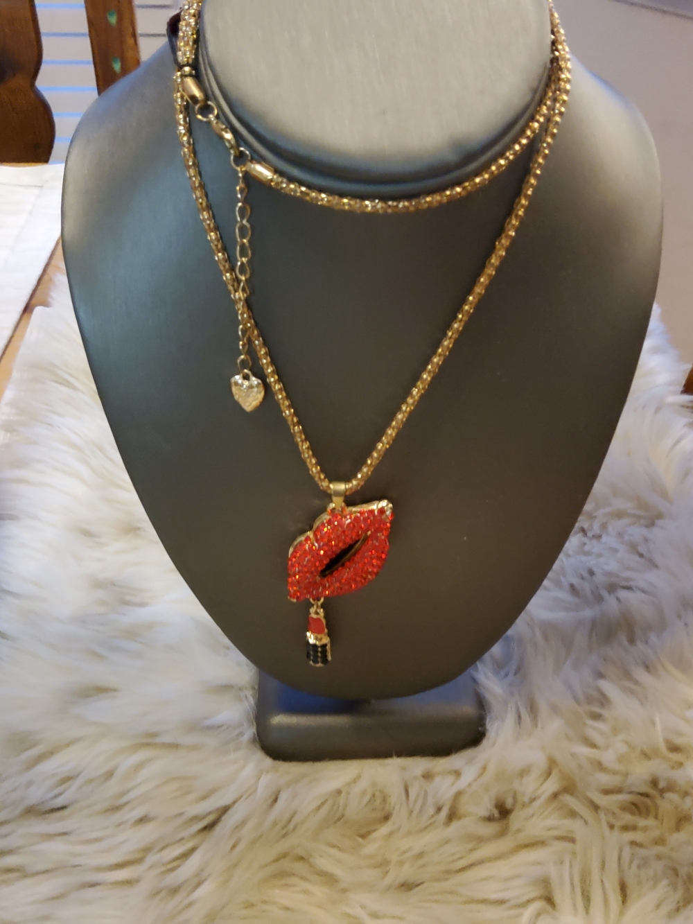 Betsey Johnson Gold-Tone Necklace with Red Lip and Lipstick Charms